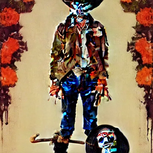 Image similar to in the style Norman Rockwell and Joshua Middleton, mila kunis, skull paint, dia de Los muertos, trenchcoat, day of the dead, full body, smiling, cowboy hat