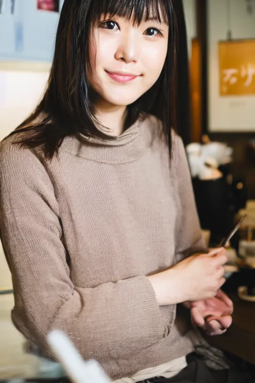 Prompt: her name is shimizu, age is 2 3, pretty japanese girl, brown hair, revealing black top, at cafe, lives in fukuoka, 8 k, photography, photography lighting