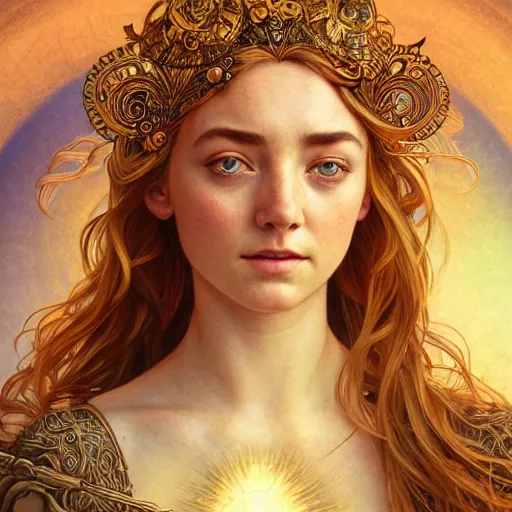 Image similar to portrait of the goddess of the sun who looks like Ana de Armas and Saoirse Ronan, D&D, fantasy, intricate, elegant, highly detailed, digital painting, artstation, smooth, sharp focus, illustration, art by artgerm and Michael Whelan and alphonse mucha