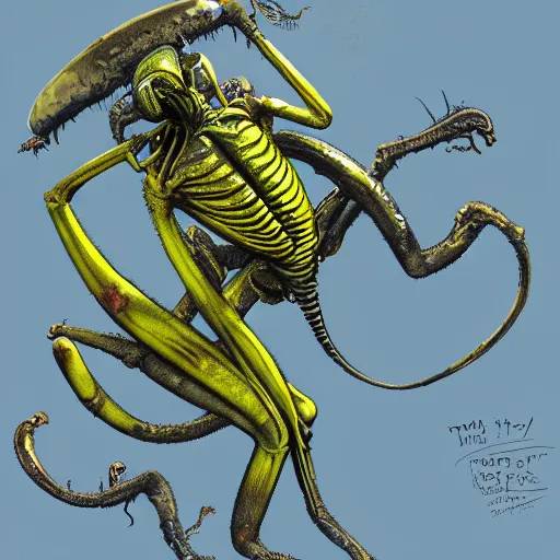 Image similar to yellow dart frog, xenomorph, jumping to a leaf, hunting a mosquito, by artist giger, concept art for movie, low saturated colors, extreme detail, 4 k, detailed concept art, realistic lighting, sharp focus, backlit