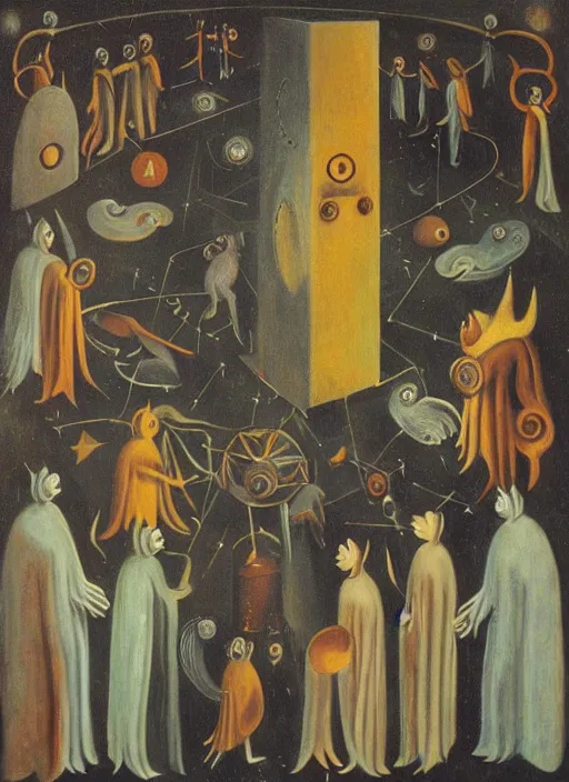 Image similar to a group of celestial beings communicating with weird machines by leonora carrington