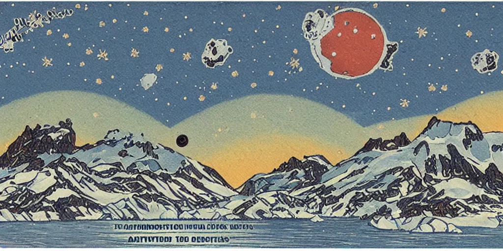 Prompt: postcard cartoon of meteors over Antartica