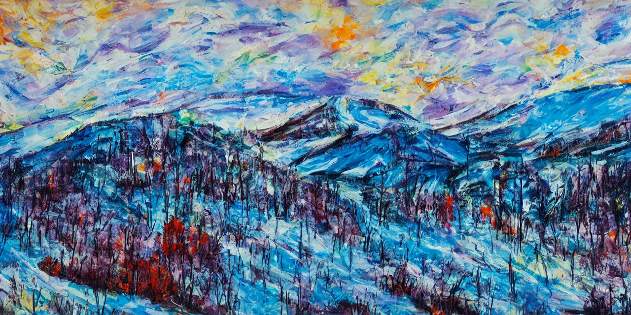 Prompt: abstract expressionist painting of the laurentian appalachian mountains in winter, unique, original and creative landscape, snowy night, distant town lights, aurora borealis, deers and ravens, footsteps in the snow, brilliant composition