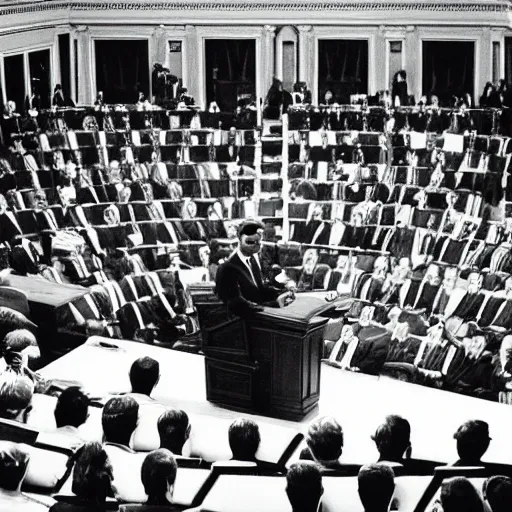 Prompt: Nicolas Maduro delivering a speech in the American Congress, 35mm