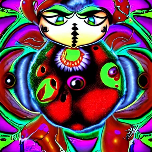 Prompt: ladybug as a monster, psychedelic art style, scary atmosphere, nightmare - like dream