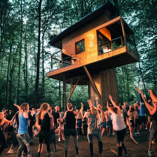 Image similar to group of friends raving outside a woodland cabin, big speaker stack, club lighting