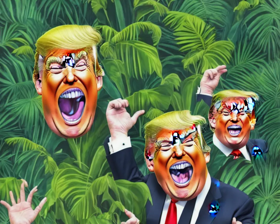 Prompt: trump laughing uncontrollably, romantic, enchanting, achingly beautiful, graphic print, trending on artstation, jungle, tropical, foliage.