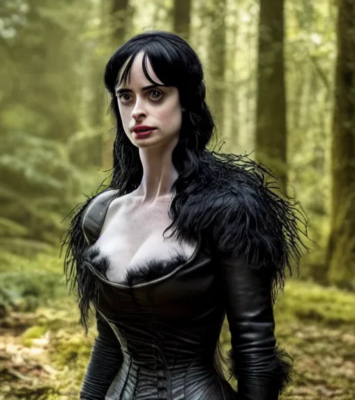 Image similar to 5 5 mm close up portrait photo of krysten ritter as yennefer of vengerberg in black leather armor and long black fluff hair, in a forest. magical atmosphere. art by greg rutkowski. lifelike. very detailed 8 k. intricate. soft light. nikon d 8 5 0.