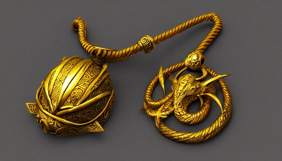 Prompt: viking amulet made from gold, dragon helmet, photorealistic render