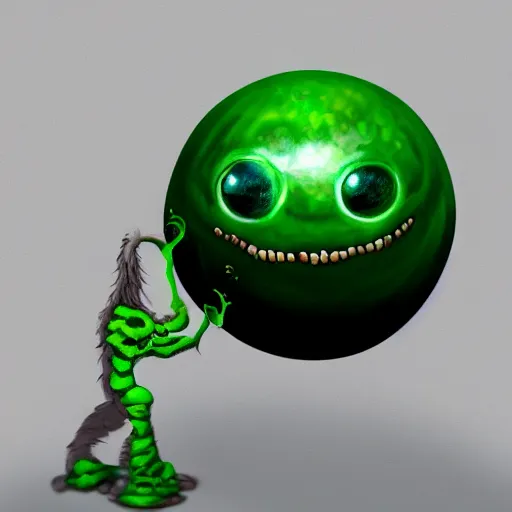 Prompt: a giant one - eyed bumpy wrinkly ball sphere green pea, with boney arms and a single sauron eye, lovecraft, trending on artstation, 4 k, video game art, oil painting