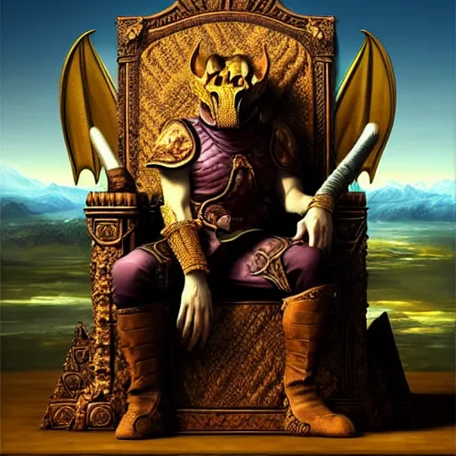 Image similar to a dragonborn as the king of a kingdom sitting on his throne, digital art, renaissance painting, fantasy art, ultra detailed, as coherent as Dall-E 2