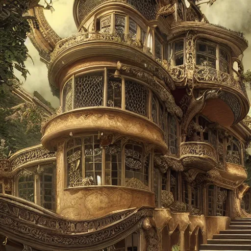 Prompt: art panoramic mansion art nouveau intricate details digital art ornate cryengine render by moebius, m. c. escher, syd mead, antoni gaudi, tomasz alen kopera, andreas franke, victo ngai, benoit mandelbrot