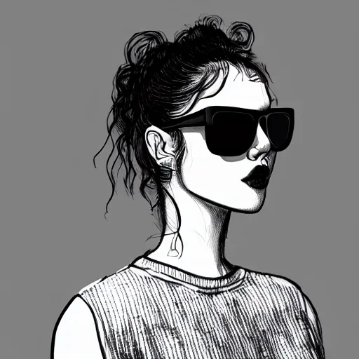 Prompt: woman with curly black hair tied in a bun wearing sunglasses and black t - shirt, looking down, close - up, digital draw, trending on artstation