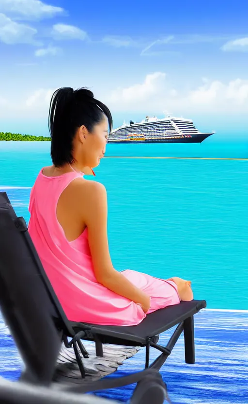 Prompt: asian woman with black ponytail sitting on a beach chair on a a cruise ship overlooking the bahamas, digital art high detail