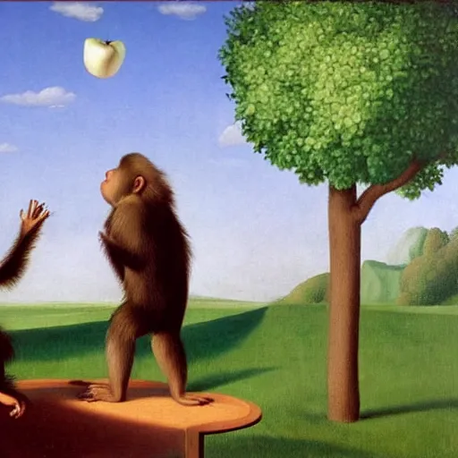 Image similar to an apple tree throwing apples at a monkey by Raphael, Hopper, and Rene Magritte. detailed, romantic, enchanting, trending on artstation.