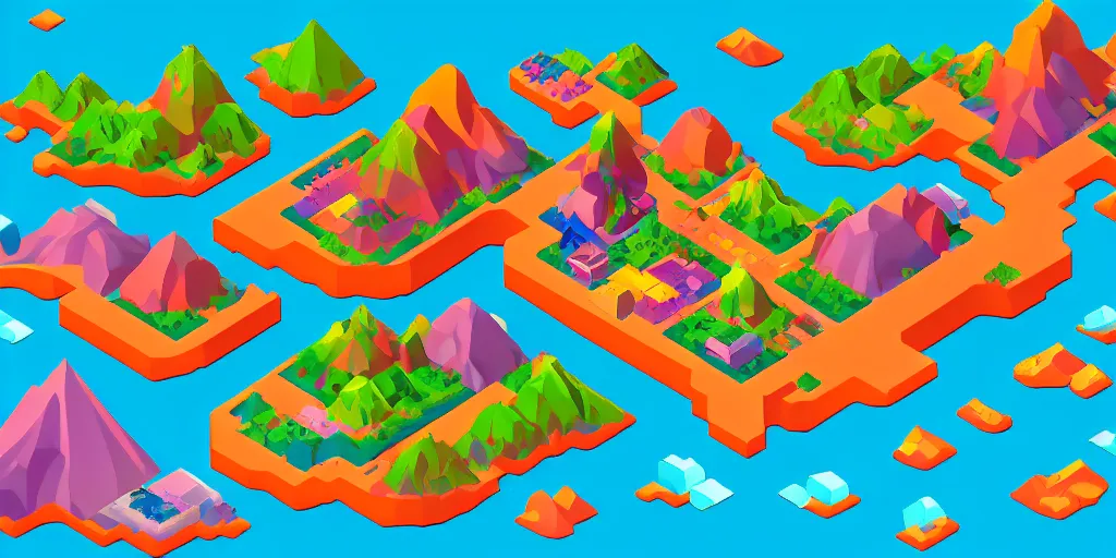 Image similar to an isometric colorful videogame world, epic mountains, azure ocean in the background, blocks