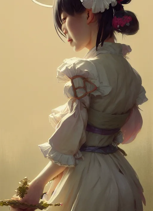 Prompt: symmetry!! portrait of a pretty japanese girl with blonde hair dressed as a french maid skateboarding, elegant, highly detailed, digital painting, 8 k, concept art, smooth, sharp focus, illustration, ethereal, misty, octane render, by ruan jia and greg rutkowski and alphonse mucha