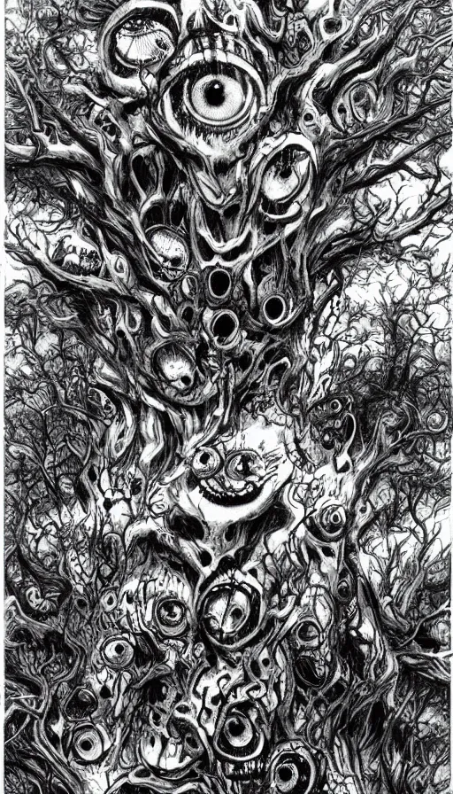 Prompt: a storm vortex made of many demonic eyes and teeth over a forest, by yoshitaka amano,
