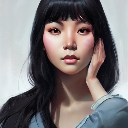 Prompt: portrait of beautiful young asian woman with long black-hair and bangs, highly detailed, digital painting, artstation, concept art, sharp focus, illustration, art by ilya kuvshinov, krenz cushart, Greg Rutkowski