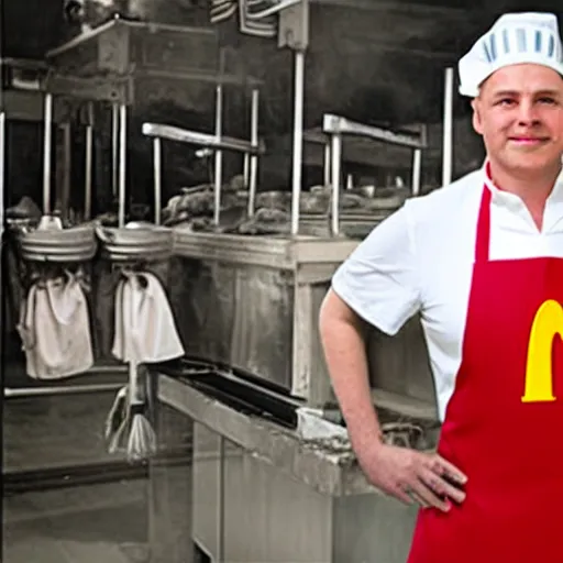 Image similar to ronald mc donald in a slaughterhouse wearing apron.