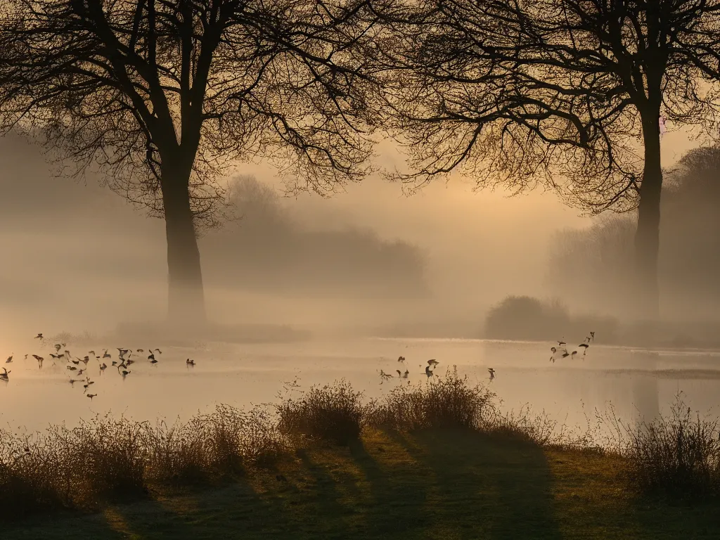 Image similar to A landscape photo taken by Kai Hornung of a river at dawn, misty, early morning sunlight, cold, chilly, two swans swim by, rural, English countryside