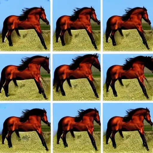 Image similar to 4 progressive frames of a horse running frame - by - frame from the same video clip