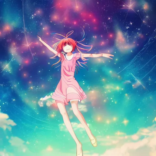 Image similar to Anime girl flying through space with a lucid dream feeling, cinematic, beautiful colours, pretty composition