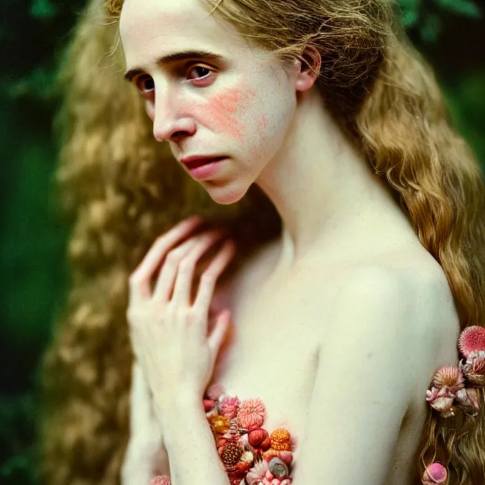 Image similar to Kodak Portra 400, 8K, soft light, volumetric lighting, highly detailed, brit marling style 3/4 ,portrait photo of a beautiful woman how pre-Raphaelites painter, n long elegant intricate ornamental ethereal coral and shells dress, natural skin tone, highly detailed realistic flowers ornament in the upper side of breast, bust with a long beautiful neck , long dark hair are intricate with highly detailed realistic coral and shells, elegant, Realistic, Refined, Highly Detailed, natural outdoor soft pastel lighting colors scheme, outdoor fine art photography, Hyper realistic, photo realistic