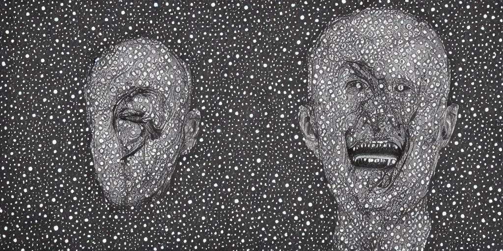 Image similar to eyeless man, technical, acrylic, teeth, eerie, tribal, clay, dotting, lines, stipple, points, cybernetic, style of old painting, francis bacon art, sleep paralysis, hypnosis, eerie, terror, oil, neon, black and white, splotches, colorful dots, ominous, abstract