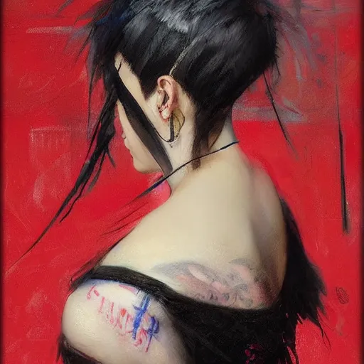 Image similar to Solomon Joseph Solomon and Richard Schmid and Jeremy Lipking victorian genre painting portrait painting of a young beautiful woman punk rock goth with punk rock haircut in fantasy costume, red background