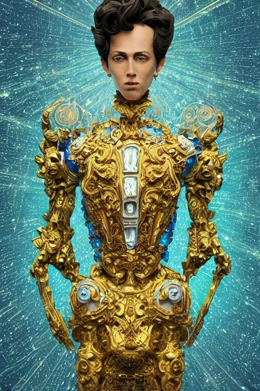 Image similar to full-body baroque and space age style sculpture of a young handsome Spanish android prince with a chest exposing a large glowing blue diamond, glowing yellow laser eyes, crown of white gears and diamonds, swirling green-colored silk fabric, baroque elements. full-length view. intricate artwork by caravaggio. Trending on artstation, octane render, cinematic lighting from the right, hyper realism, octane render, 8k, depth of field, 3D