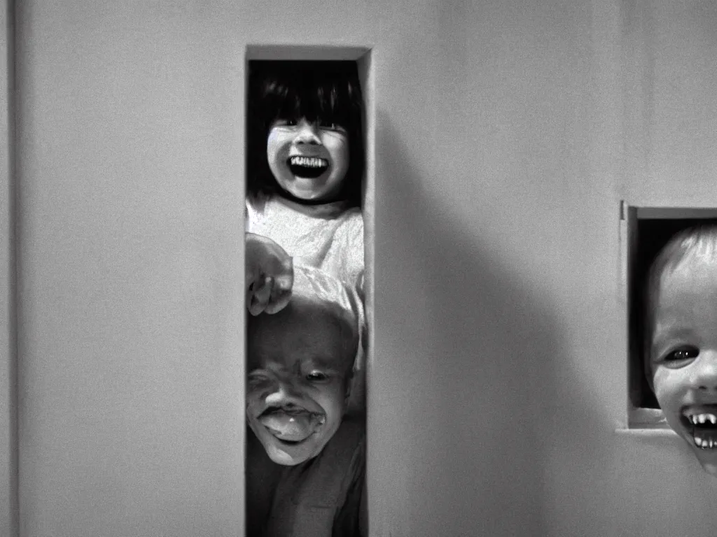 Image similar to little kid trying to see through a vertical crack on a white wooden door and grinning maniacally, a film still from the 1980 movie the shining, 4k, grainy, portrait, highly detailed, close-up, ARRIFLEX 35 BL