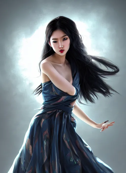 Prompt: beautiful fashion asian goddness, strapless dress, character portrait in the style of thomas river and artgerm, wlop, cinematic lighting, hyperdetailed, 8 k realistic, symmetrical, global illumination, radiant light, halo, love and mercy, frostbite 3 engine, cryengine, dof, trending on artstation, digital art, chanel