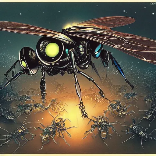 Image similar to dark robotic wasp, by yoichi hatakenaka, masamune shirow, josan gonzales and dan mumford, ayami kojima, takato yamamoto, barclay shaw, karol bak