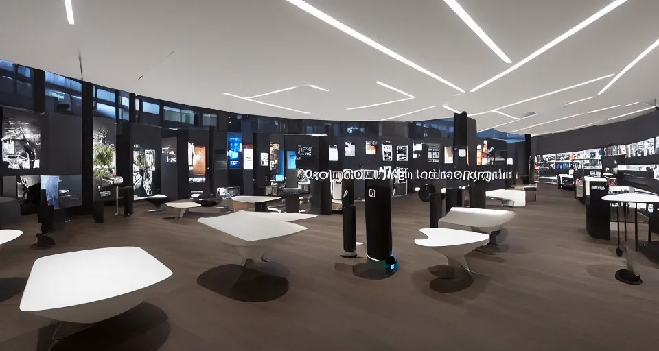 Prompt: A flagship Samsung store. black walls. timber floor. high ceilings with spots. wood furniture with large digital screen. display tables with phones and tablets, pots with plants, digital screens on the walls, Architectural photography. 14mm. High Res 8K. award winning architectural design, inspired by Arne Jacobsen, Niels Otto Møller, Verner Panton, Scandinavian Design, Retaildesignblog.net, warm and happy, inviting