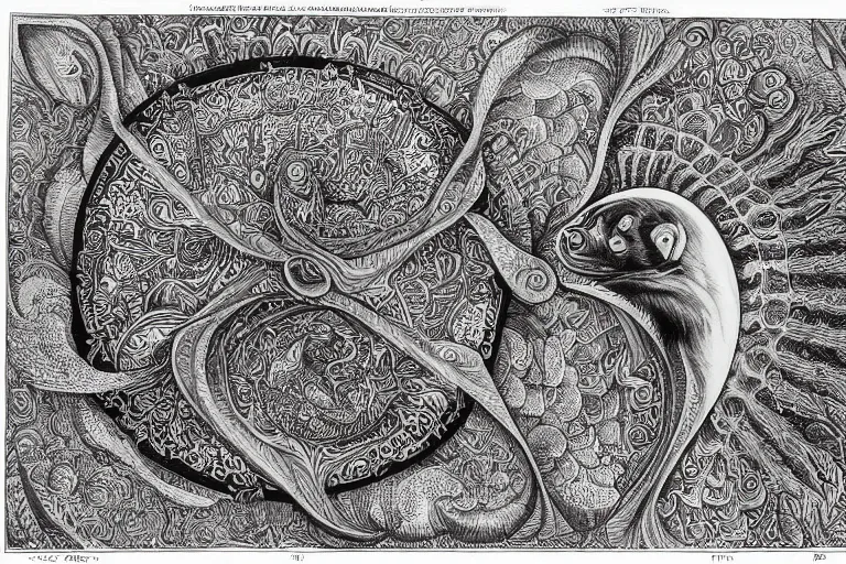 Image similar to an ornate illustration in the styles of mandalas and fractals, the styles of escher and penrose, depicting a weasel staring deep into the heart of the impossible all - and - nothing of the emerging singularity ; / what has god wrought? / he seems to be whispering.