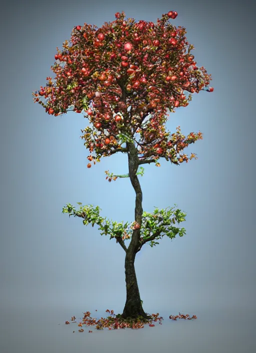 Image similar to an isolated apple tree, 3 d render, art nouveau style, ultra realistic, masked transparent flat background, popular on sketchfab, pixelsquid, 8 k, volumetric lighting, super focused, no blur, trending on artstation, octane render, ultra detailed, hyperrealistic, by artgerm and alphonse mucha