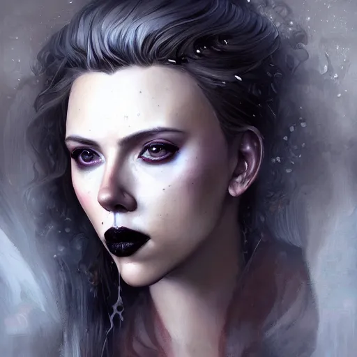 Image similar to detailed portrait of scarlett johansson as a cute undead goth girl, beautiful, fantasy, intricate, elegant, highly detailed, digital painting, artstation, concept art, matte, sharp focus, illustration, art by aenaluck, artgerm and roberto ferri and greg rutkowski, epic fantasy, digital painting