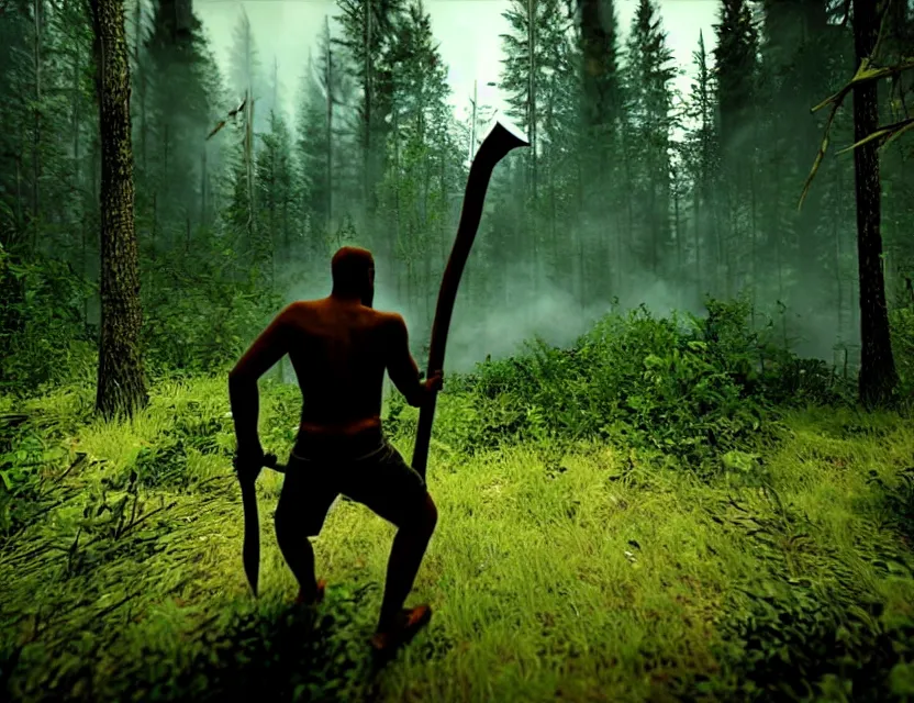 Image similar to a the forest game screenshot with one tribal enemy in the middle of the screenshot the player is holding a axe ultra realistic