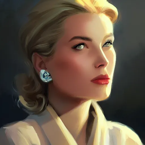 Image similar to a closeup portrait of a grace kelly, dramatic light, city background, sunset, dark, painted by stanley lau, painted by greg rutkowski, painted by stanley artgerm, digital art, trending on artstation