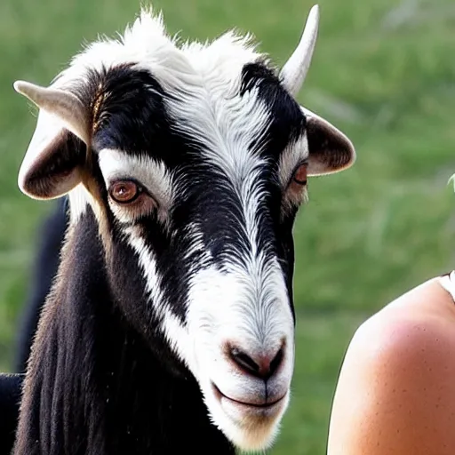 Image similar to Charlize Theron being mad at a goat, close-up of her face