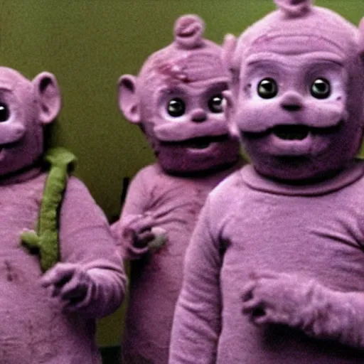 Image similar to zombie teletubbies in dawn of the dead, movie still, horror, ultra violent