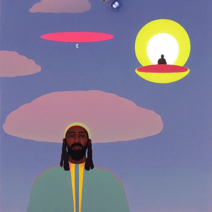 Prompt: UFO hovering over an African Jesus , clouds, colourful, painting by Hsiao-Ron Cheng,