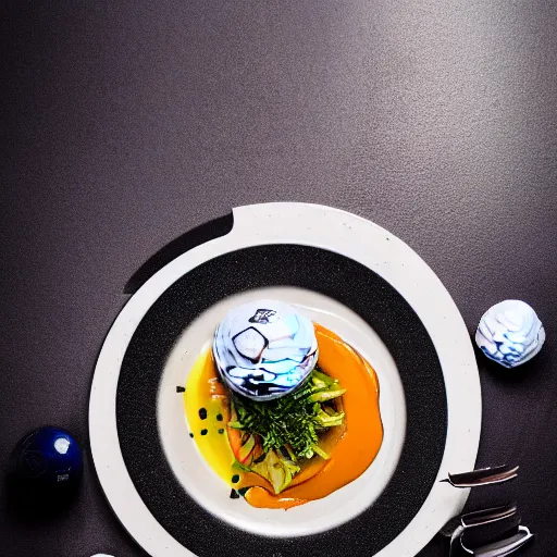Prompt: a michelin star plate with golf balls and sauce, award winning food photography, ambient light