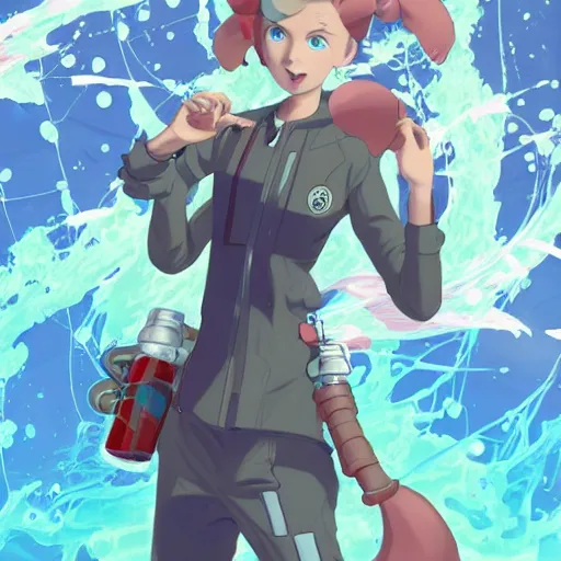 Image similar to British Pokemon original character with wild peach colored hair and heterochromia, Pixar style, beautiful woman, scientist, standing in a lab in front of a giant containment liquid filled tank, by Tristan Eaton Stanley Artgerm and Tom Bagshaw, Makoto Shinkai ilya kuvshinov and Wojtek Fus