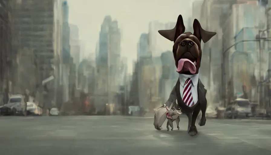 Image similar to a crazy dog in a suit going to work, artstation, cinematic, establishing shot