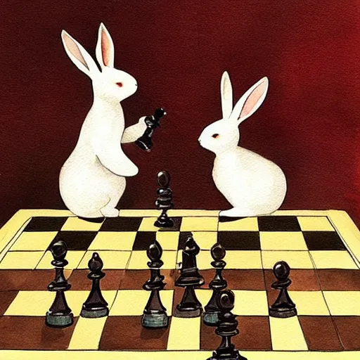 Image similar to two rabbits playing chess inside a ballroom, watercolour realism