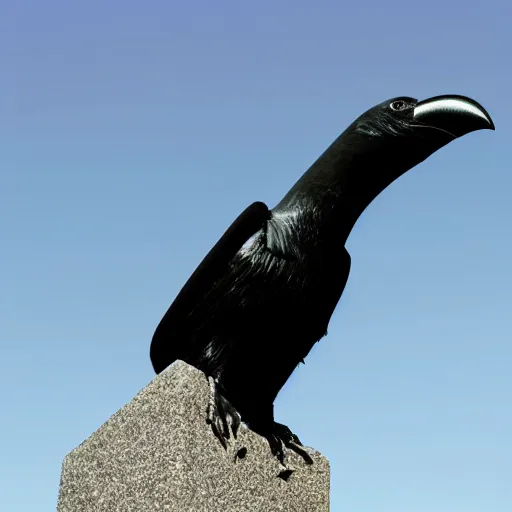 Image similar to a giant crow with a round body short legs and large black beak sitting in a black stone obelisk, high resolution film still, film by Jon Favreau