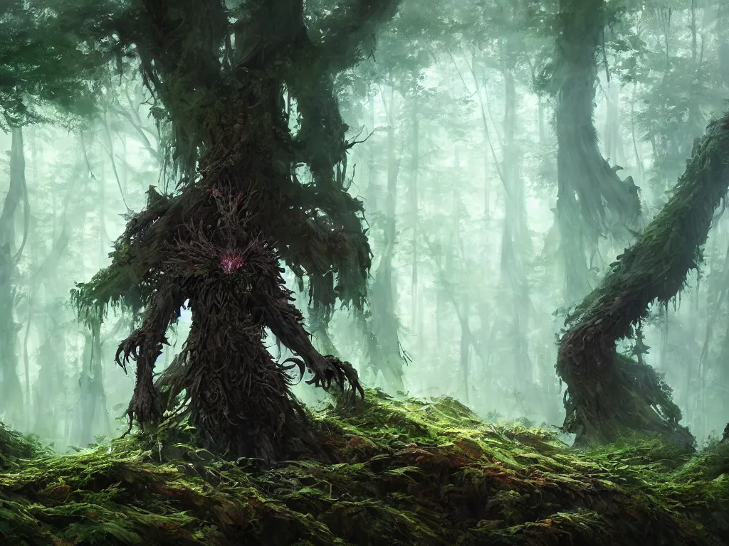 Image similar to a walking druid abomination, heavily forested, overgrown trees, beautiful lighting, beautiful landscape beautifully designed character, award winning collaborative painting by geg ruthowski, alphonse murac, craig mullins, ruan jia, wlop, yoji shinkawa, collaborative artwork, exquisitely high quality and detailed, overwhelmingly favorited by critics, game wallpaper