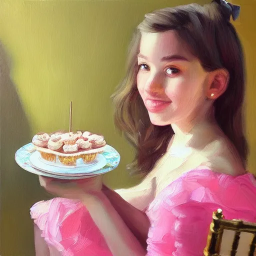 Image similar to “beautiful girl at a tea party, oil painting, realism, hyper detailed, trending on Artstation”